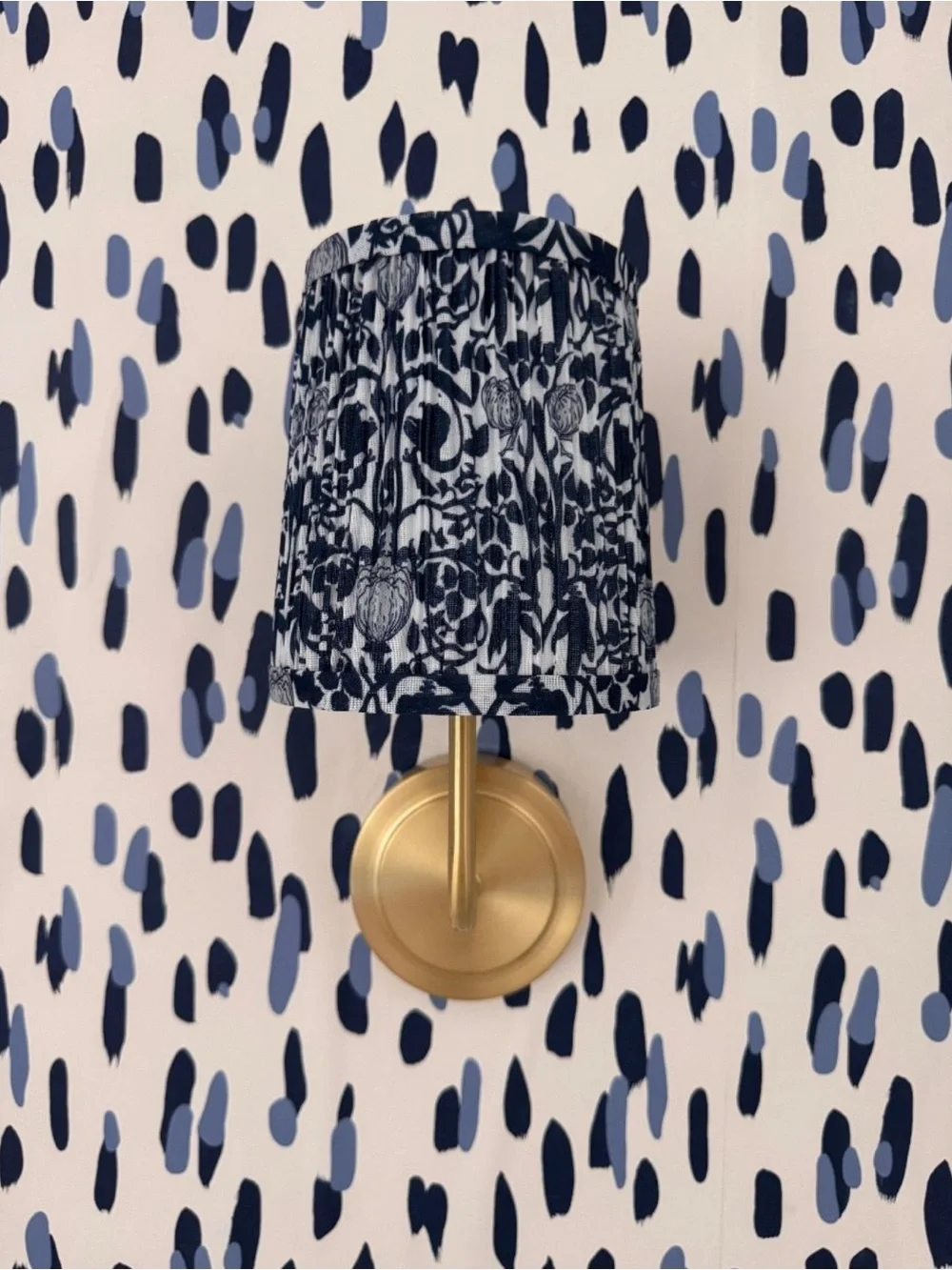 Karma Home Navy and White Floral Pleated Wall Light with Gold Accent